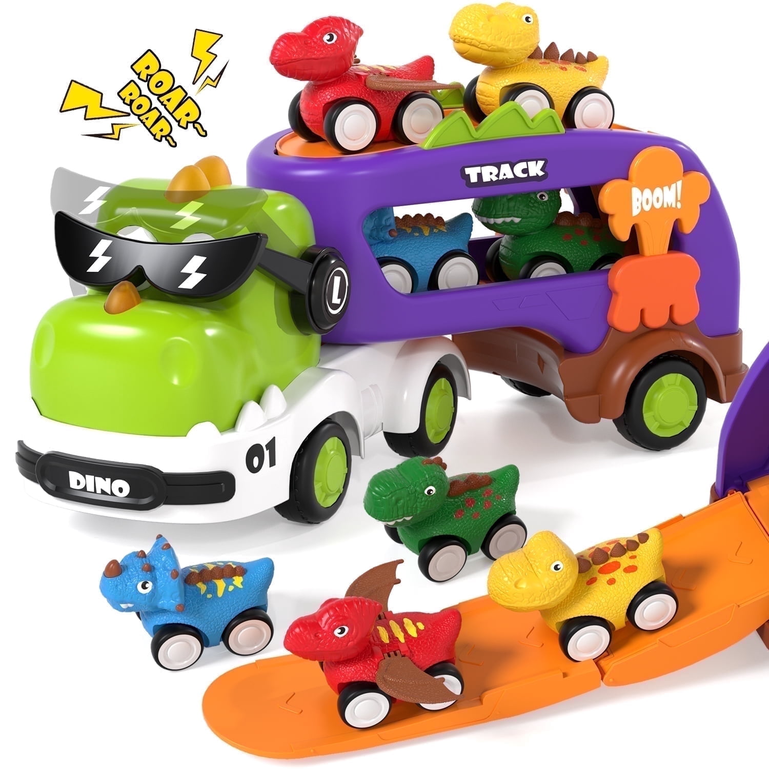 Toys for 2 Year Old Boys, Toddler Dinosaur Truck with Sounds & Lights, Toys Cars Set with Race Track, Pull Back Cars Baby Toys, Toys for Boys 2 to 4 Years Old, Best Birthday Christmas Gifts