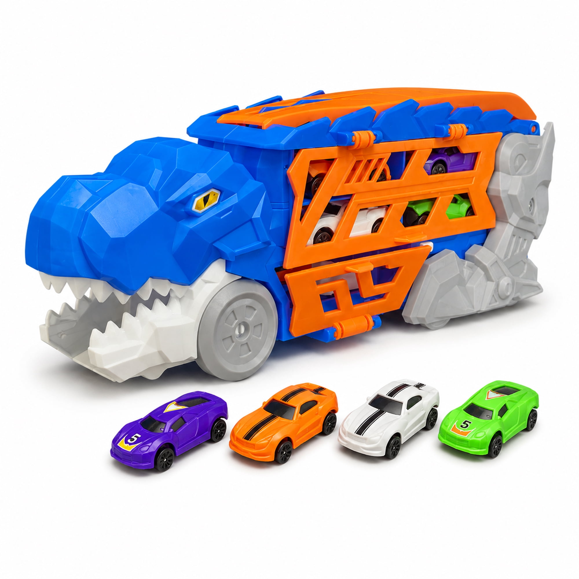 Dinosaur Truck Toy Car Carrier Race Track Playset with 4 Mini Cars, Push and Launch Vehicle Toy for Kids Ages 3+