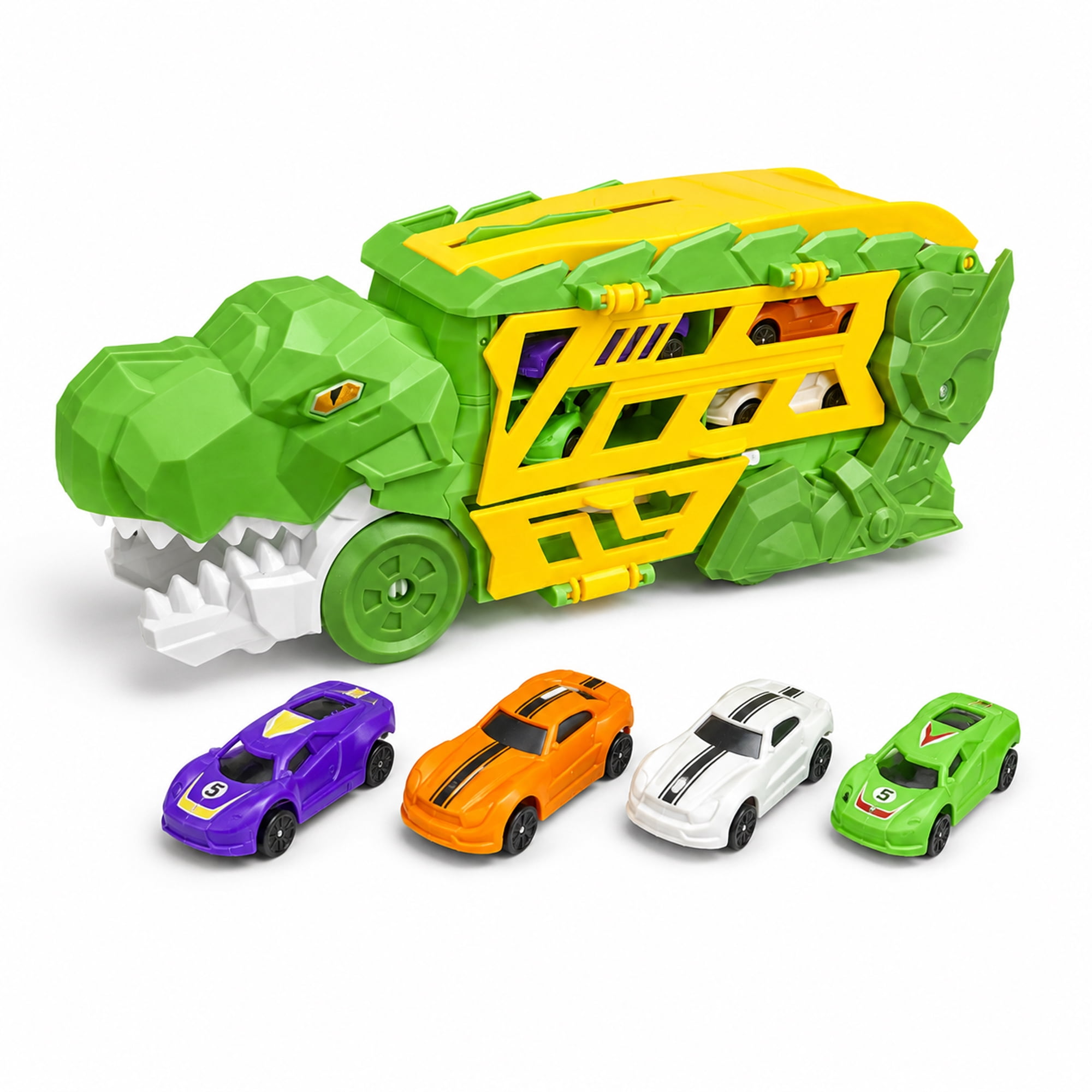 Dinosaur Truck Toy Car Carrier Race Track Playset with 4 Mini Cars, Push and Launch Vehicle Toy for Kids Ages 3+