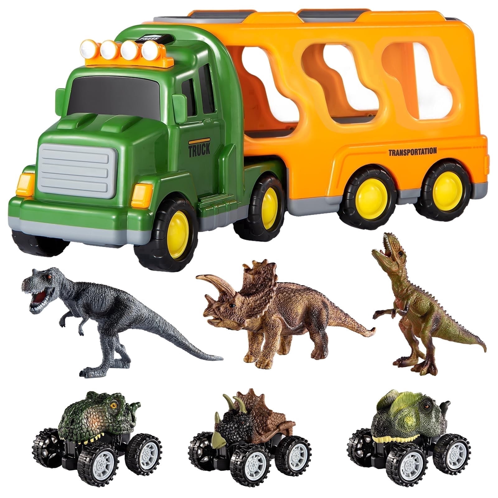 Dinosaur Truck Toy for Toddlers, Transport Carrier Dino Play Set with 3 Dinosaur Figures and 3 Cars, Lights and Music, Gift for Boys Girls Ages 3-5