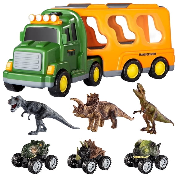 Dinosaur Truck Toy for Toddlers, Transport Carrier Dino Play Set with 3 Dinosaur Figures and 3 Cars, Lights and Music, Gift for Boys Girls Ages 3-5