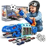 Dinosaur Truck Toy for Kids, T-Rex Transport Truck with Shooting Launcher, 12 EVA Balls, Foldable Storage Bay Holds 12 Cars, Safe & Fun, Christmas & Birthday Gift for Ages 3-12 Boys & Girls Blue