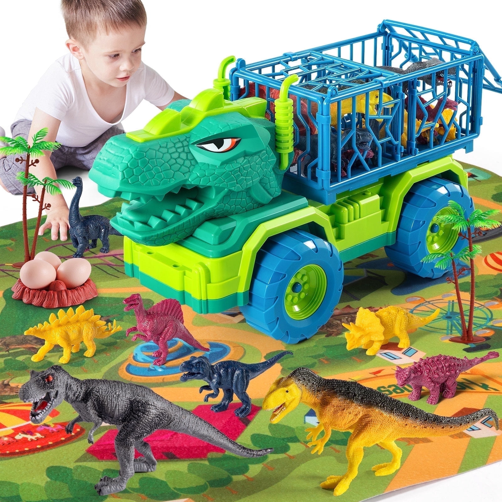 Smart Chef Dinosaur Truck Toys, T-Rex Transport Carrier with 8 Dinos, Play Mat, Eggs, Playset for Kids 3-5