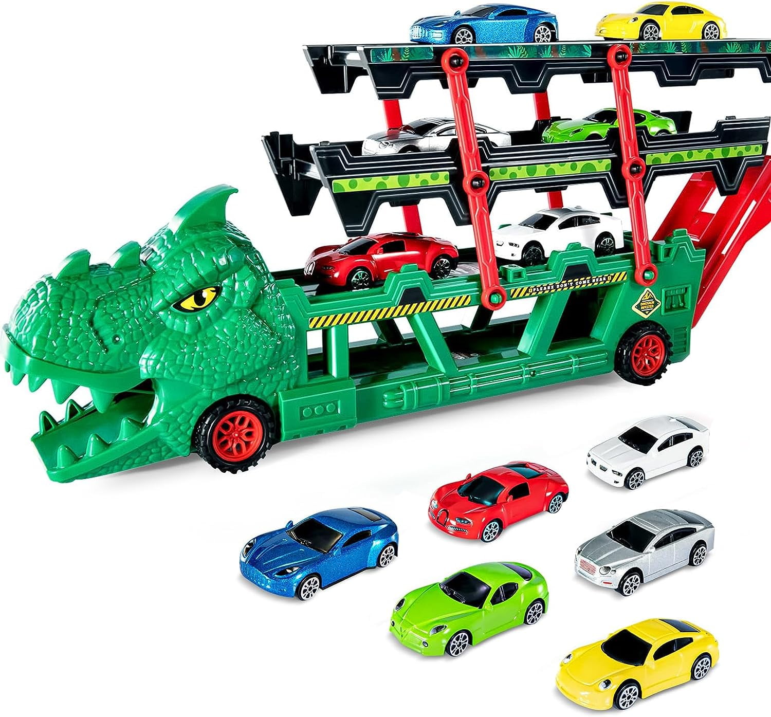 Dinosaur Truck Track Toy with 6 Diecast Alloy Cars in 164 Scale, Built