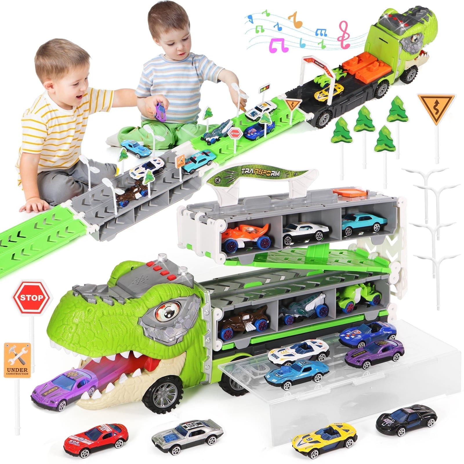 ToyM Dinosaur Truck Toys  for 3 4 5 Years Old Boys, Toddler, Foldable Track & 2 Player Race Mode, Light & Sound, 5-FT Race Track and 8 Die-Cast Metal Toy Cars and 4 dinosaur cars & 13 Accessories