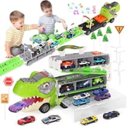 ToyM Dinosaur Truck Toys for 3 4 5 Years Old Boys, Toddler, Foldable Track & 2 Player Race Mode, Light & Sound, 5-FT Race Track and 8 Die-Cast Metal Toy Cars and 4 dinosaur cars & 13 Accessories