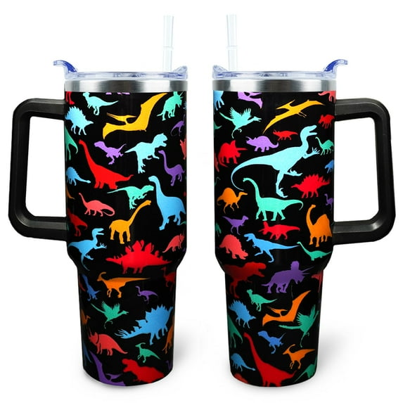 Dinosaur Tumbler 40 oz Tumbler with Handle and Straw Lid Leak Proof - Birthday Gifts for Women Travel Coffee Mug Insulated for Hot Cold Ice - Dino Gifts for Birthday Decorations Party Supplies C80