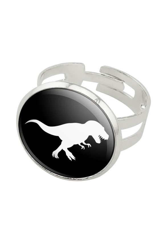 Dinosaur Tyrannosaurus Rex Black White Silver Plated Adjustable Novelty Ring