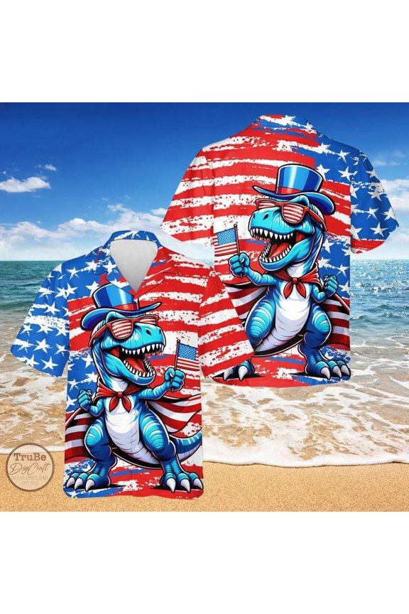 Dinosaur US Flag Hawaiian Shirt, T-rex Dino 4th Of July Summer Aloha Shirt, Patriotic Button Down ,Independence Day, Dinosaur Lovers Gift.