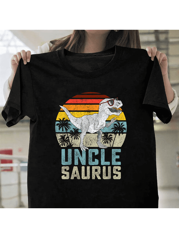 Dinosaur Uncle Retro Sunset Palm Trees Funny Family Gift T-Shirt, up to size 3XL.