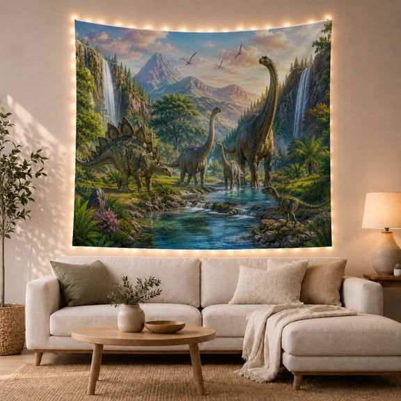 Dinosaur Valley with River and Waterfalls, Serene Fantasy for Nature Lovers, Ancient Wilderness Art, Housewarming Gift, Tapestry Wall Hanging for Living Room and Bedroom