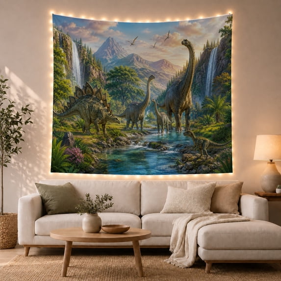 Dinosaur Valley with River and Waterfalls, Serene Fantasy for Nature Lovers, Ancient Wilderness Art, Housewarming Gift, Tapestry Wall Hanging for Living Room and Bedroom