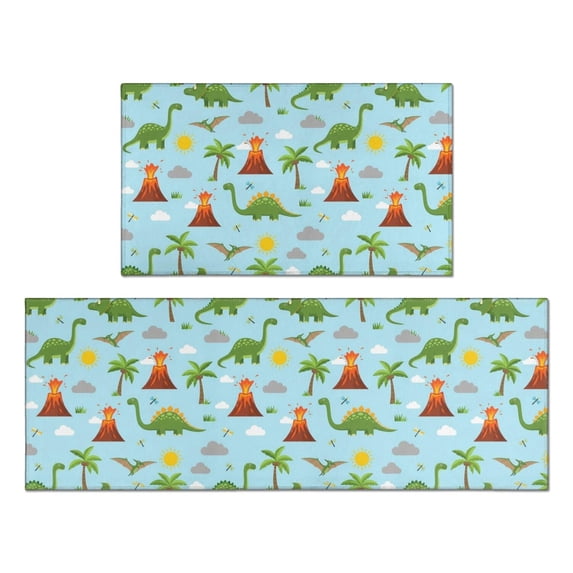 Dinosaur and Volcano Blue Pattern Anti Fatigue Kitchen Rugs Set Of 2, Non Slip Washable Decorative Floor Mats for Kitchen Sink Laundry, 17"x30" and 17"x47"