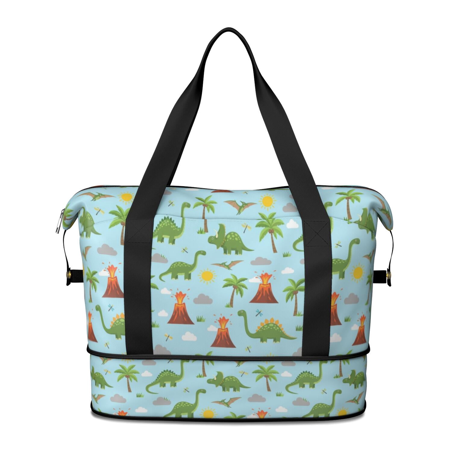 Dinosaur and Volcano Blue Pattern Expandable Travel Tote Bag, Overnight ...