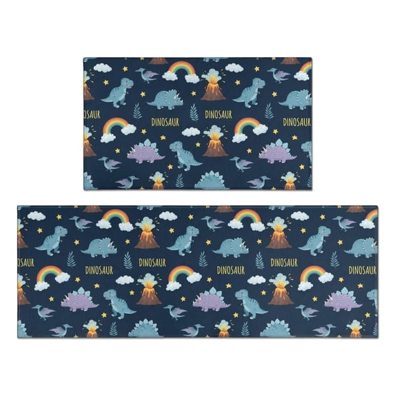Dinosaur and Volcano Navy Blue Anti Fatigue Kitchen Rugs Set Of 2, Non Slip Washable Decorative Floor Mats for Kitchen Sink Laundry, 17"x30" and 17"x47"