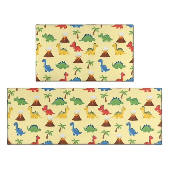 Dinosaur and Volcano Yellow Pattern Anti Fatigue Kitchen Rugs Set Of 2, Non Slip Washable Decorative Floor Mats for Kitchen Sink Laundry, 17"x30" and 17"x47"