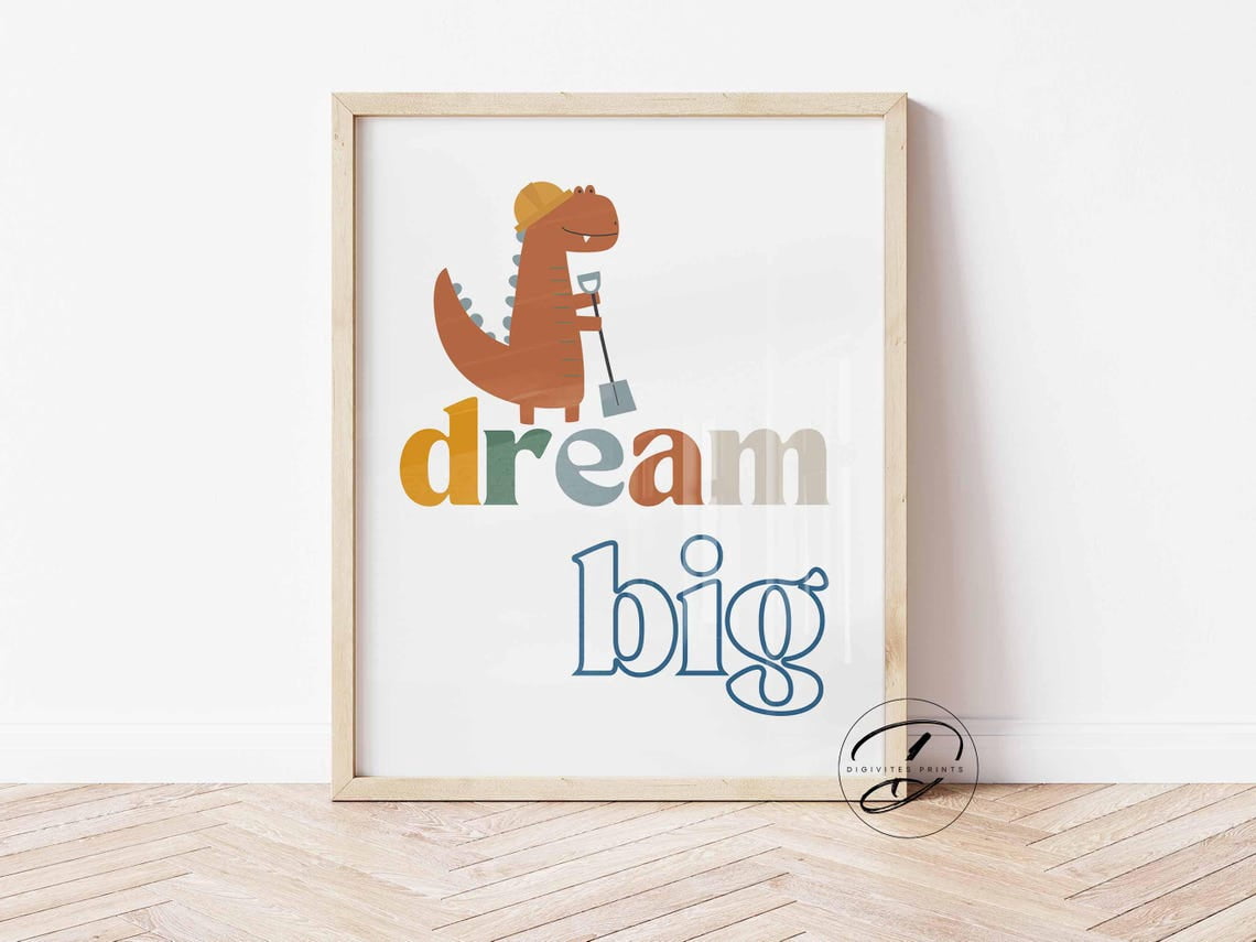 Dinosaur Wall Art, Nursery Wall Art, Playroom Poster, Boys Room Decor, Wall Art, Dream Big Dino Nursery Wall Art, Construction Art Home Decor #886, Stretched Canvas Size 16x24