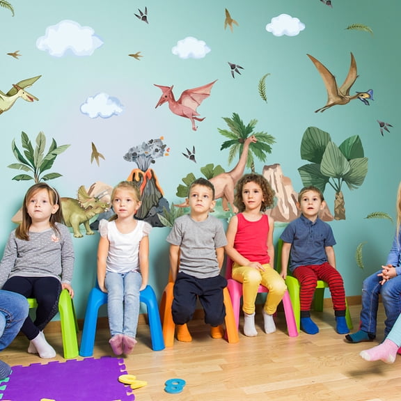 Dinosaur Wall Decal Animal Plants Volcano Clouds Wall Sticker Tropical Leaf Palm Tree Art Decor for Boys Room Kids Bedroom Classroom Nursery Decor