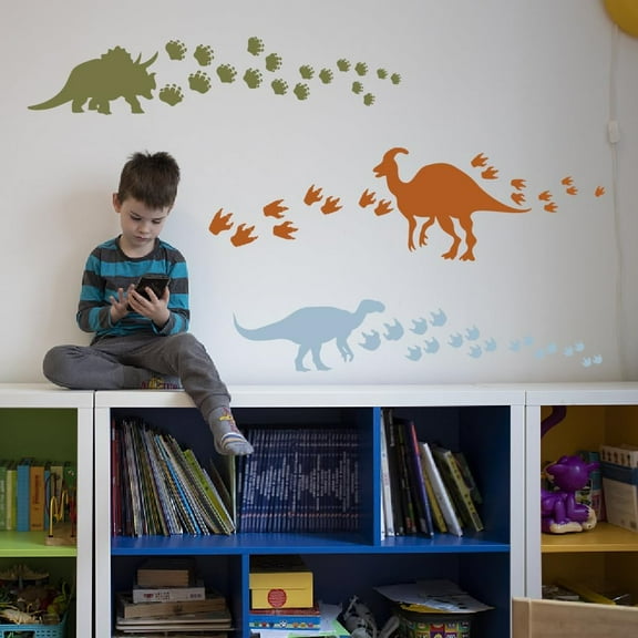 Dinosaur Wall Decal Dinosaur Themed Stickers with Dinosaurs' Paw Print Vinyl Dinosaur Clings Removable Decals Peel and Stick DIY Wall Art Decor Decals Murals for Kid's Room Mixed Color