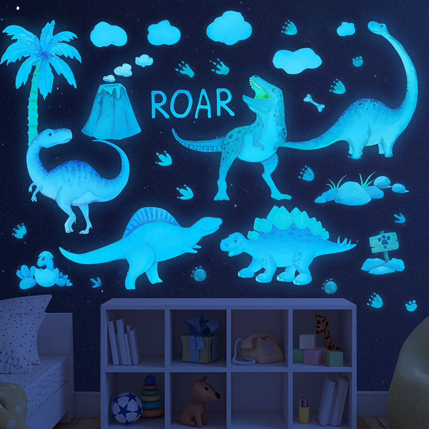 Dinosaur Wall Decals Glow in The Dark Dinosaur Watercolor Large