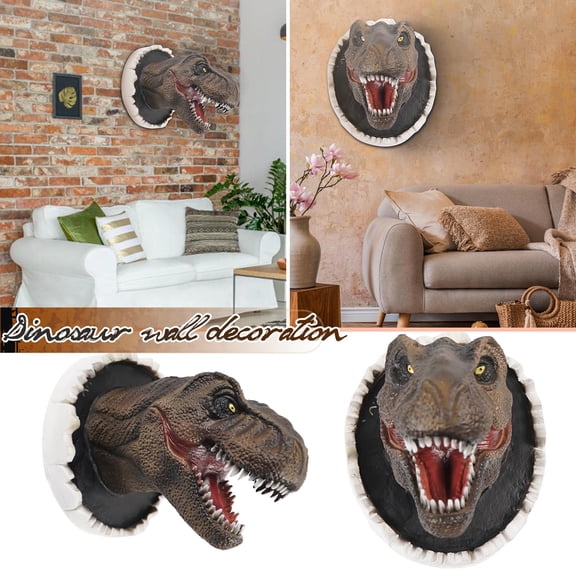 Dinosaur Wall Decor, T-Rex 16X12 In Resin Head, Nursery Wall Decor, Broken Through 3D Mounting, Living Room Wall Decor, Brown Tone, 1 Pc
