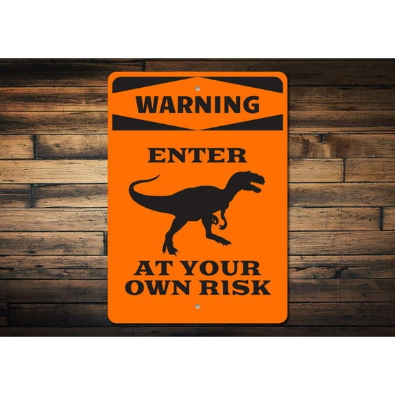 Dinosaur Warning Novelty Sign, Metal Wall Decor - 10x14 inches