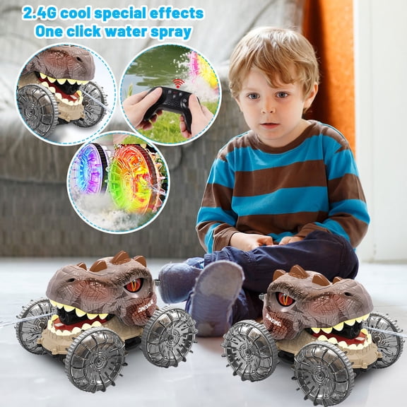 Dinosaur Water Spray Stunt Car Remote Control Car with Light Wheel Rotation and Dancing Function Electric Toy for Teens Brown
