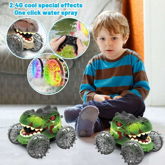 Dinosaur Water Spray Stunt Car Remote Control Car with Light Wheel Rotation and Dancing Function Electric Toy for Teens Green