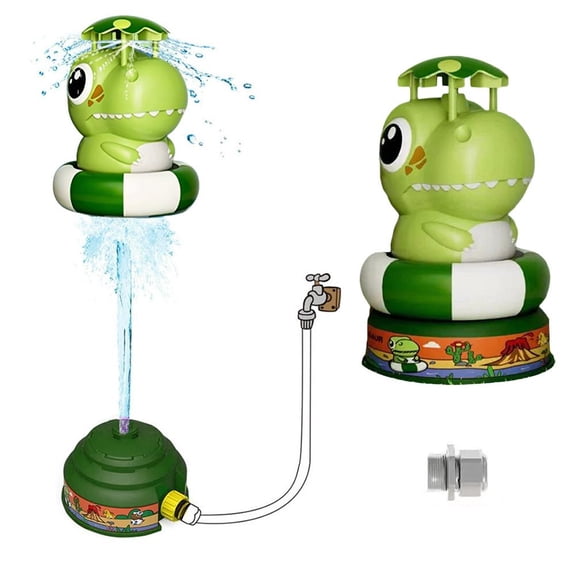Dinosaur Water Sprinkler for Kids, Outdoor Summer Rocket Toy with LED Light & 360° Spin, Space Rocket Water Launcher for Backyard Lawn, DIY Stickers