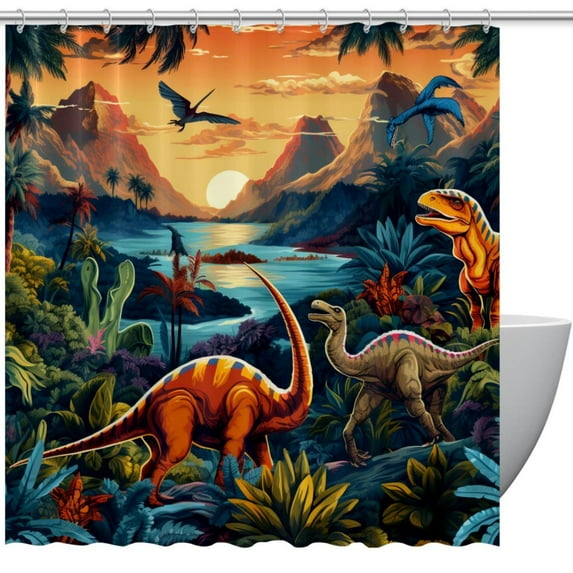 Dinosaur Waterproof Printed Shower Curtain Set with Hooks - Bathroom Decoration