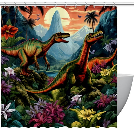 Dinosaur Waterproof Shower Curtain Sets with Hook, Printed Design - Bathroom Decoration - 3 Piece Set