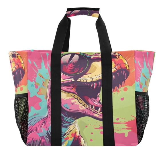 Dinosaur Wearing Sunglasses Reusable Grocery Bags with Handle Side Pocket Waterproof Shopping Portable Tote