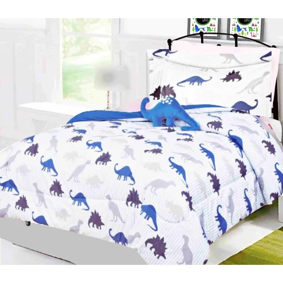Dinosaur White Blue Twin Bedding Set 6-Piece Plush Toy, Comforter & Sheets