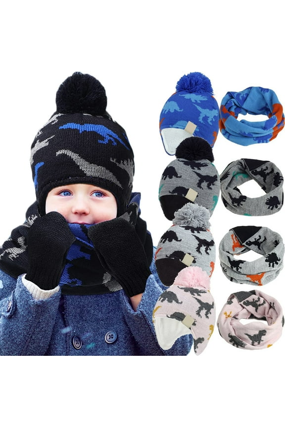 Dinosaur Winter Baby Beanie Hat Glove Set Fleece Lined Kids Boys Hat Knit Pompom Bonnet for Toddler Boys