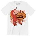 thumbnail image 1 of Dinosaur With A Carved Pumpkin Head Funny T-rex Halloween Animal T-Shirt, 1 of 4