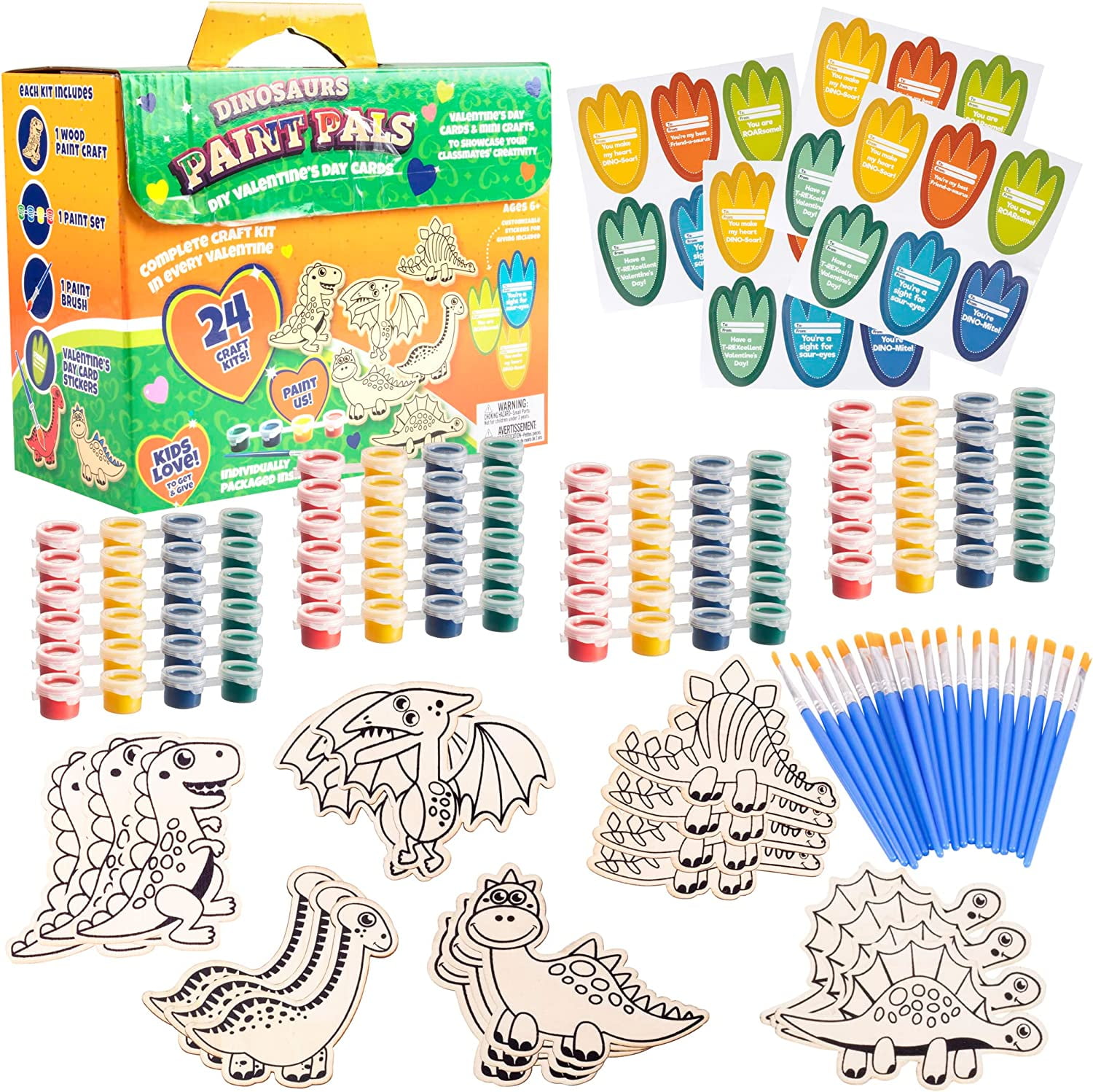 Dinosaur Wood Painting Kits (24 ct) - Perfect Goodie Bag Party Favors for Kids Birthday Party - Each has a Dino Wood Craft, Paints, Brush & Sticker for Boys & Girls