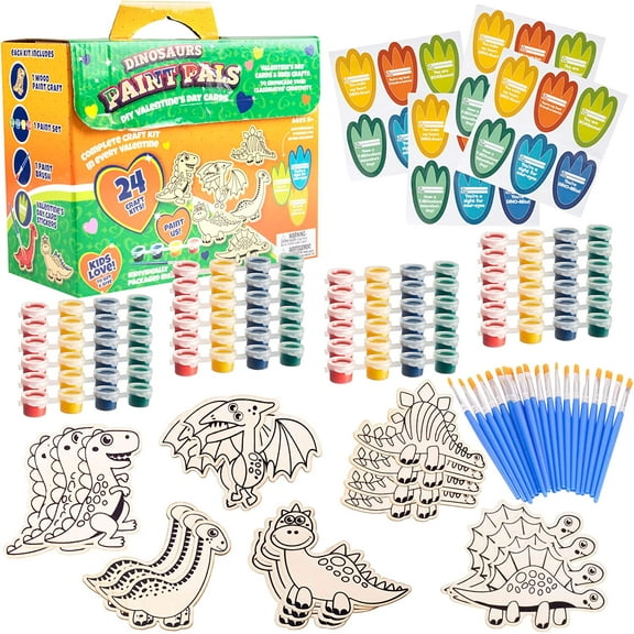 Dinosaur Wood Painting Kits (24 ct) - Perfect Goodie Bag Party Favors for Kids Birthday Party - Each has a Dino Wood Craft, Paints, Brush & Sticker for Boys & Girls