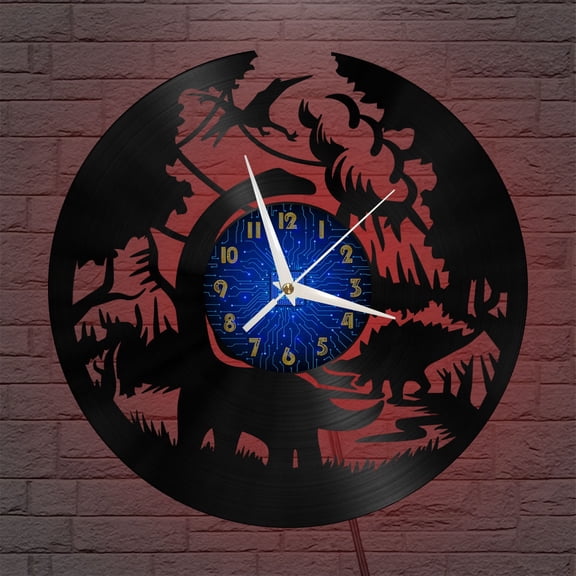 Dinosaur World 12 Inch Vinyl Record Wall Clock - Silent, Creative, and Unique Clock for Living Room, Entryway, or Bedroom Decor - Perfect Gift Idea(12 inchs B with LED)