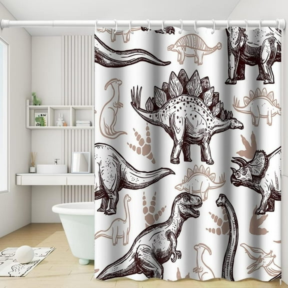 Dinosaur World Bathroom Shower Curtain Various Dinosaurs Sketch Pattern Tan with Hooks Waterproof Fabric Polyester for Kids Boys Bath Decorative, 72x72 Inch