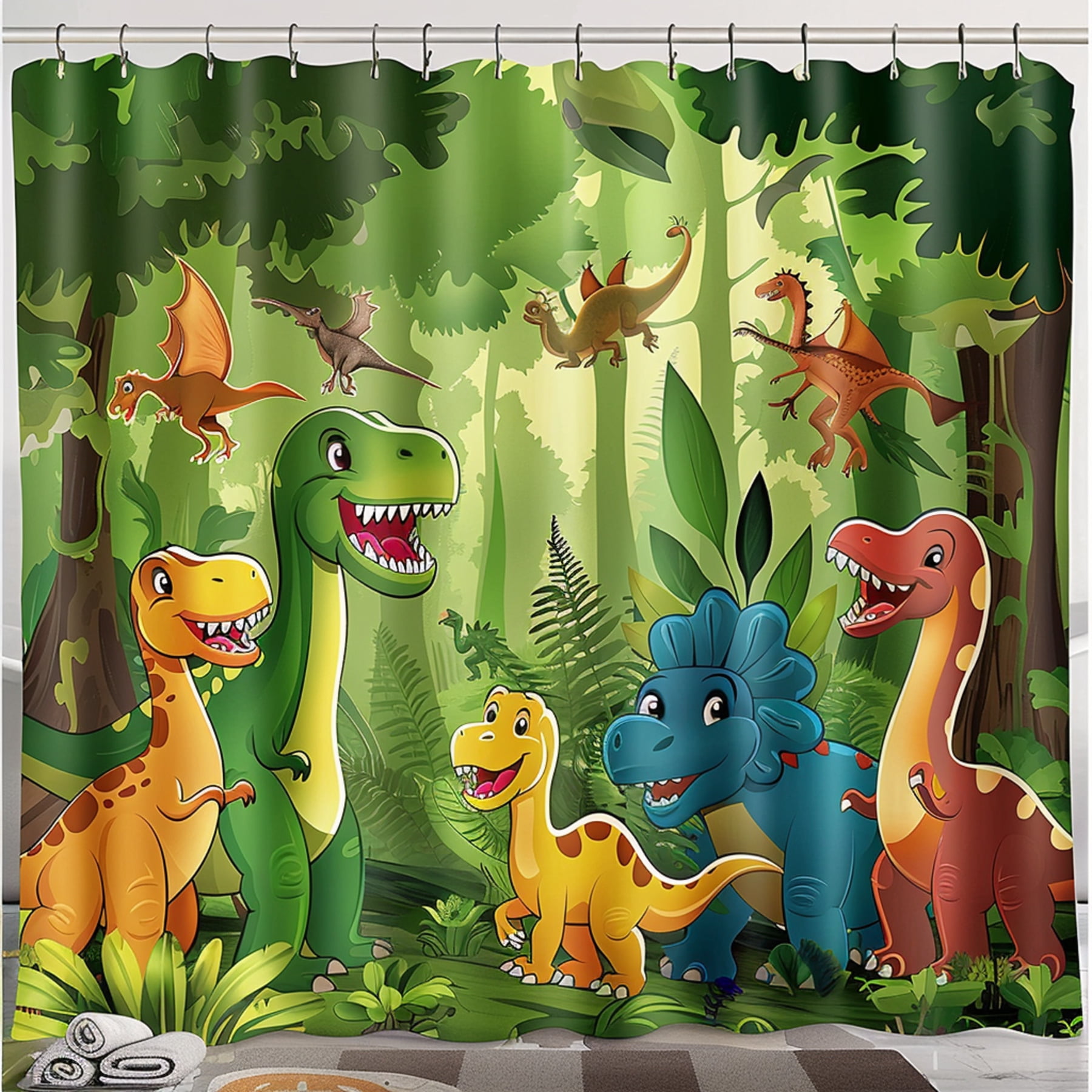 Dinosaur World Jungle Shower Curtain Cartoon Style Cute Characters Lush ...