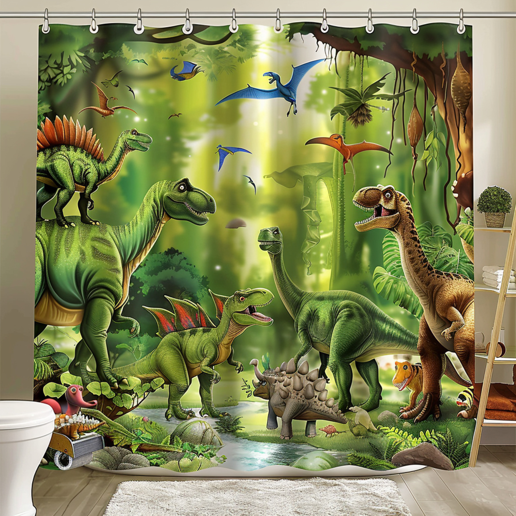 Dinosaur World Jungle Shower Curtain Colorful Cartoon Style with Cute