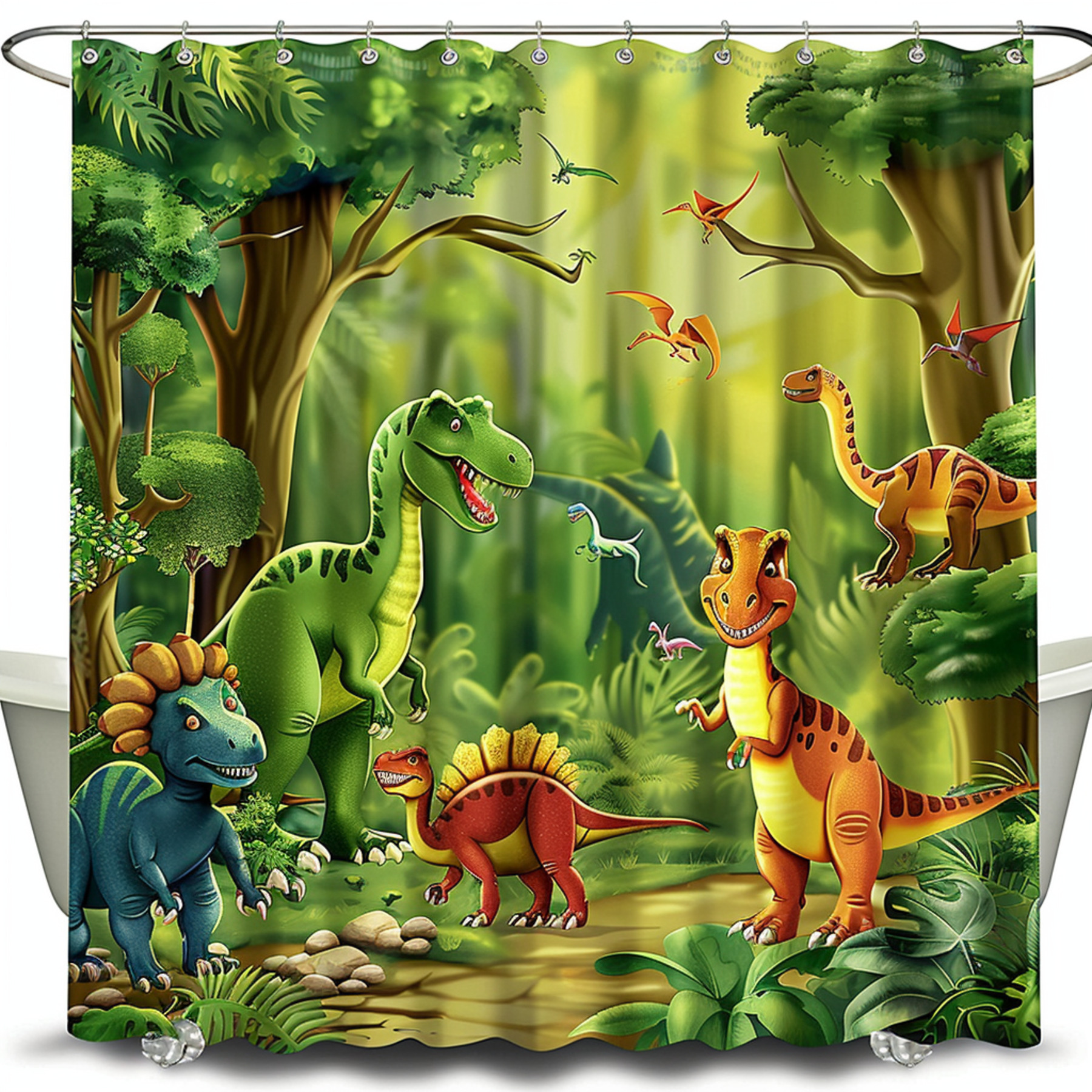Dinosaur World Jungle Shower Curtain Playful Dinosaurs in Cartoon Style