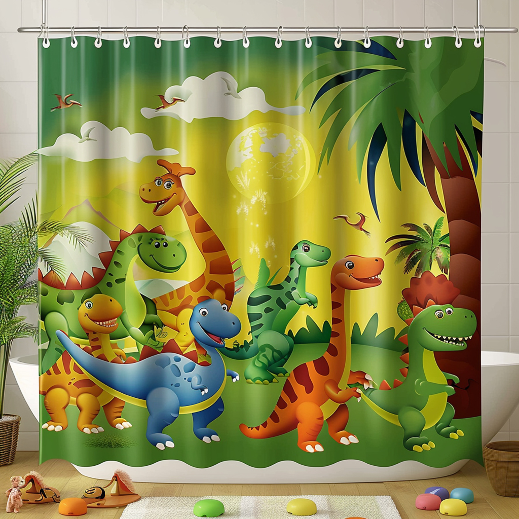 Dinosaur World Jungle Shower Curtain Playful Dinosaurs in Vibrant