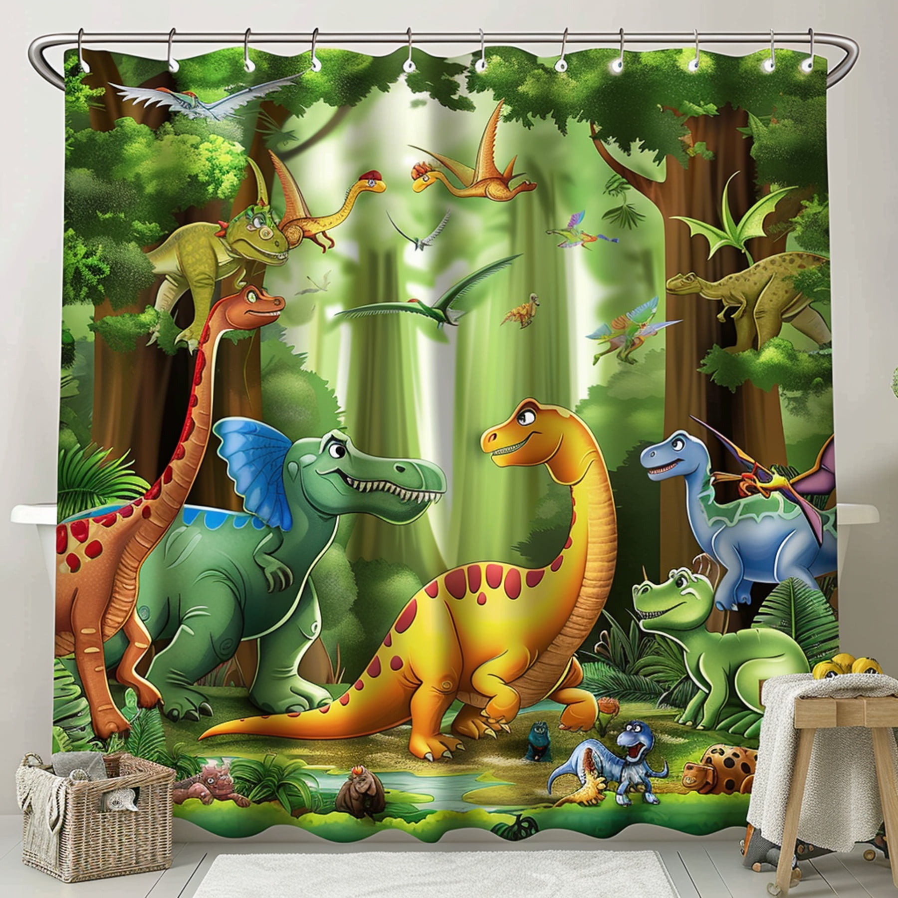 Dinosaur World Jungle Shower Curtain for Kids Bathroom Colorful Cartoon ...