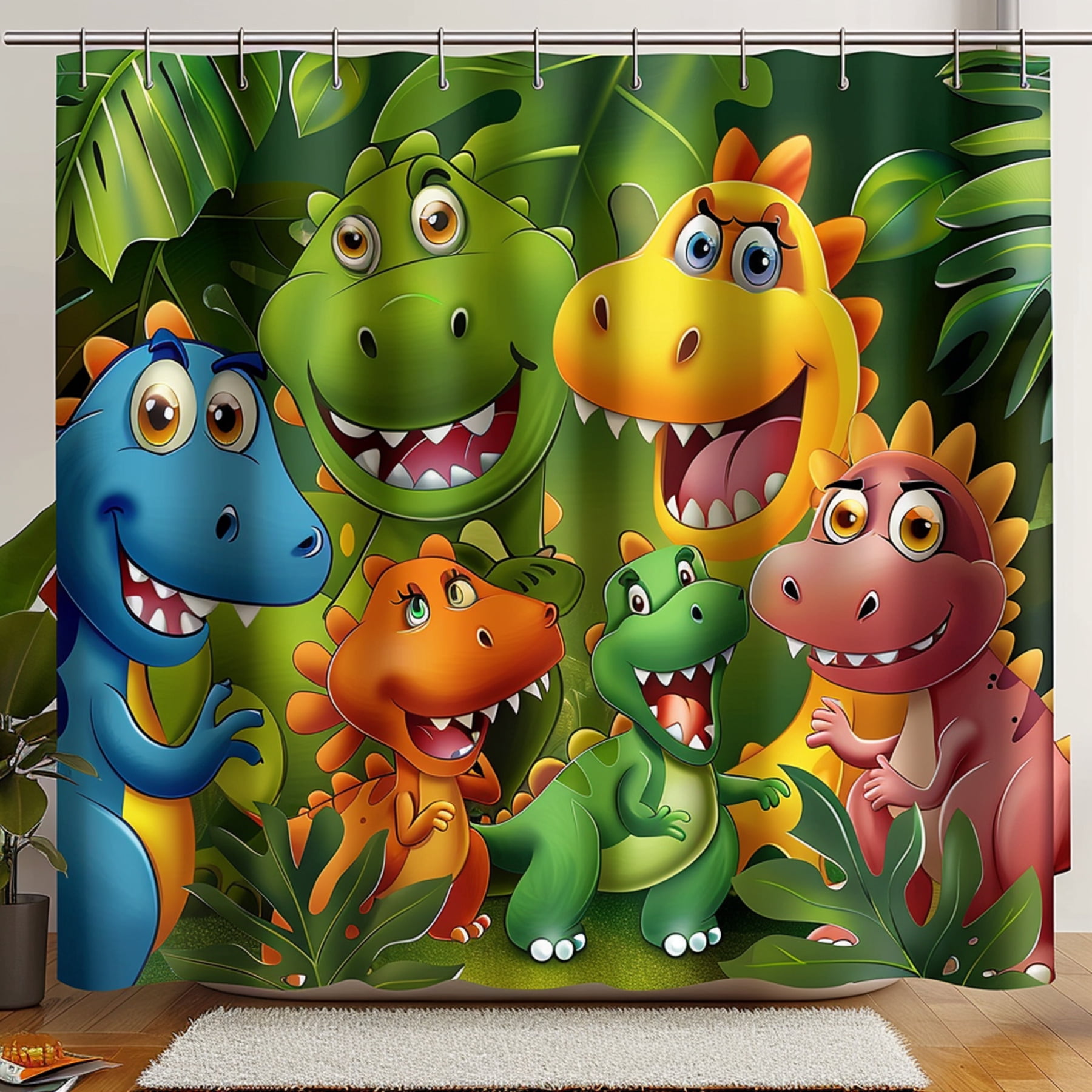 Dinosaur World Jungle Shower Curtain for Kids Room Decor Vibrant Colors ...