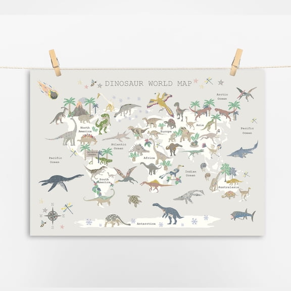 Dinosaur World Map, Childrens Map Print, Unframed Paper Poster 8x10in