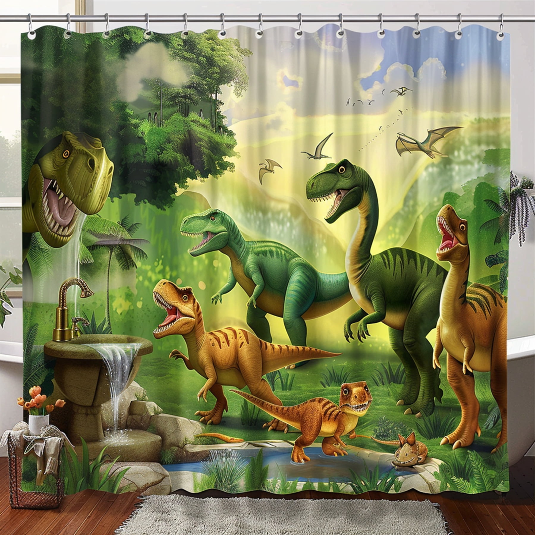 Dinosaur World Shower Curtain Cartoon Style with Realistic Green