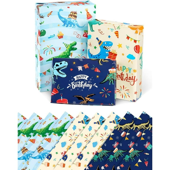 Dinosaur Wrapping Paper - 10 Sheets Gift for Boys Girls 3 Styles Patterns Wrap Rolls Happy Birthday Dino Party Favor Present (20’’ x 27’’/ Sheet) sheet-Birthday-Blue
