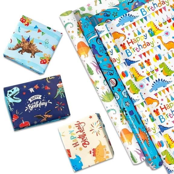 Dinosaur Wrapping Paper, Birthday Wrapping Paper, Gift Wrap Paper for Birthday, Baby Shower, Party, 3 Rolls 17 X 118