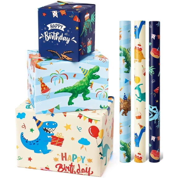 Dinosaur Wrapping Paper Rolls - 3 Rolls 17 x 120 Happy Birthday Wrapping Paper Kids Wrapping Paper Rolls Boy Dinosaur Gift Wrap Paper Dinosaur Party Favor Happy Bday Wrap with Cutting Line on Back